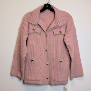 Some Others NY Blush Ribbed Button Up Cardigan Metallic Trim Gold Buttons L